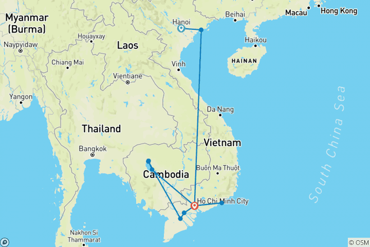 Karte von Vietnam kompakt und Angkor - optional mit Badeurlaub in Phan Thiet / Mui Ne oder Phu Quoc (von Hanoi bis Ho Chi Minh Stadt)