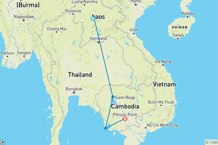 Karte von Laos und Kambodscha mit Badeurlaub auf Koh Rong 16 Tage