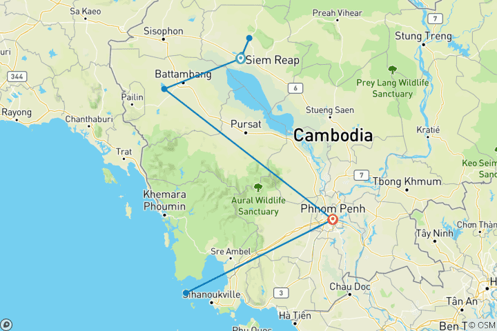 Map of Cambodia with a beach vacation on Koh Rong or Koh Rong Samloem (incl. flight)