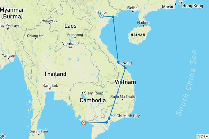 Carte du circuit Privé Vietnam Highlights avec séjour balnéaire à Phu Quoc (vol inclus) (7 destinations)