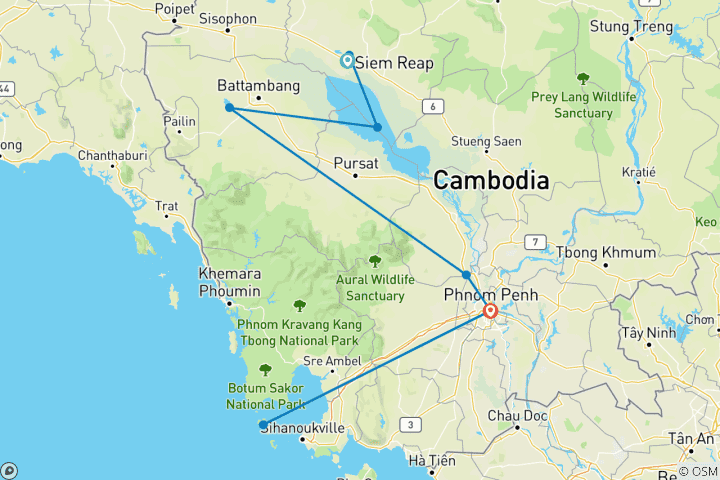 Kaart van Cambodja – met strandvakantie op Koh Rong of met jungleprovincie Mondulkiri – incl. vlucht