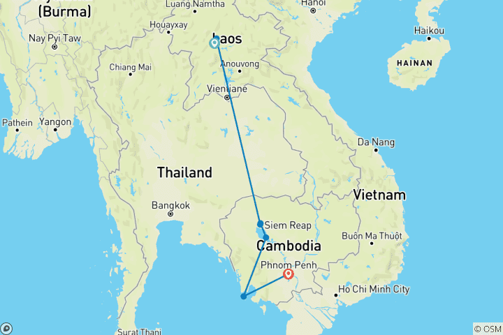 Map of Private Laos and Cambodia Round Trip with Koh Rong Beach (incl. flight)