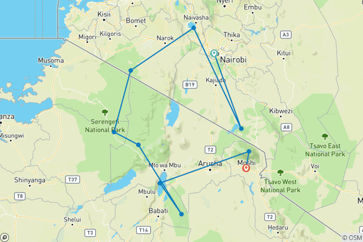 Map of Kenya And Tanzania Via Amboseli, Maasai Mara, Serengeti and Ngorongoro