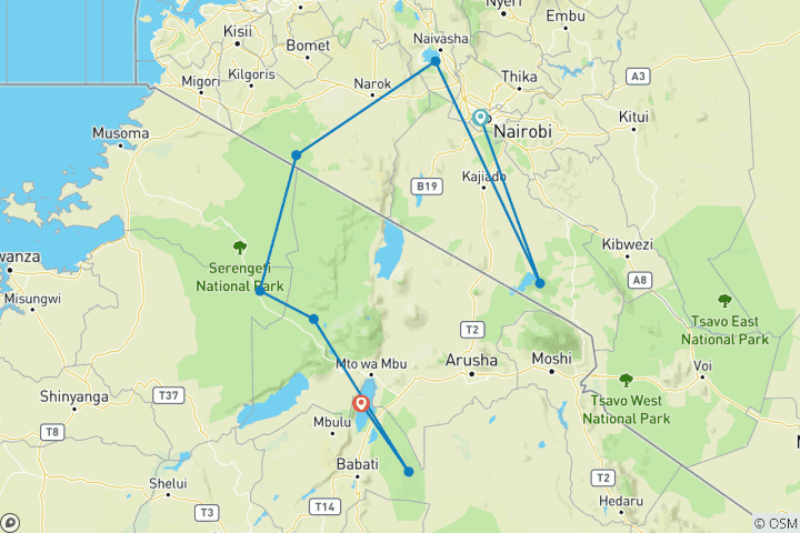 Map of Great East African Migration with 5 Star Northern Circuit Parks