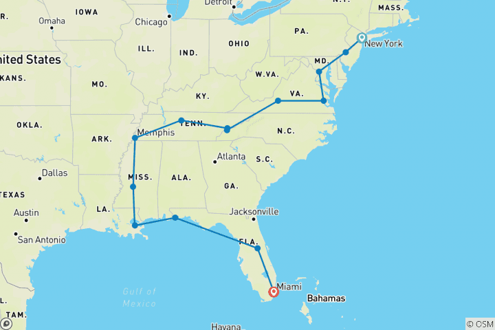 Carte du circuit De New York à Miami