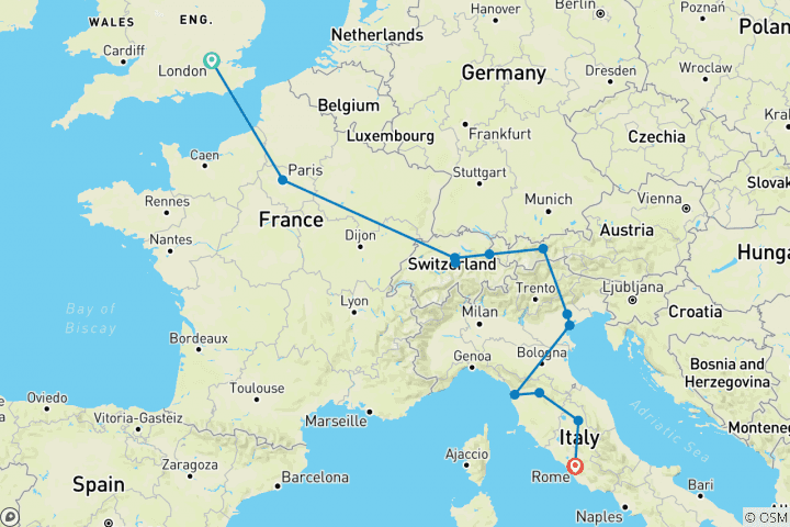 Mapa de Camino a Roma - Grupos reducidos, inicio en Londres, 12 días (15 destinations)