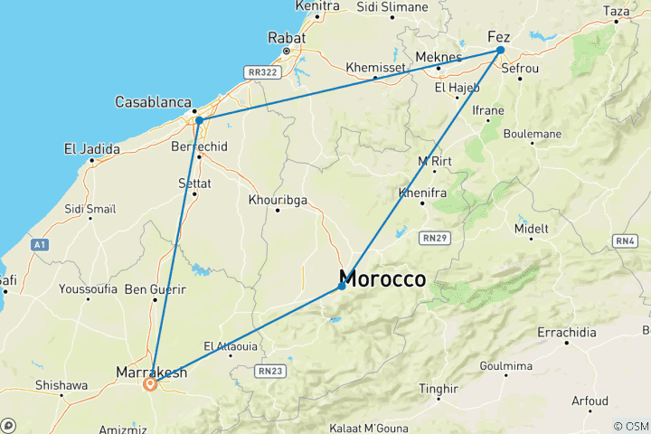 Carte du circuit Villes impériales du Maroc (circuit en petit groupe)