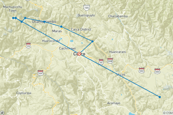 Map of Inca Trail to Machu Picchu + Rainbow Mountain 8 days