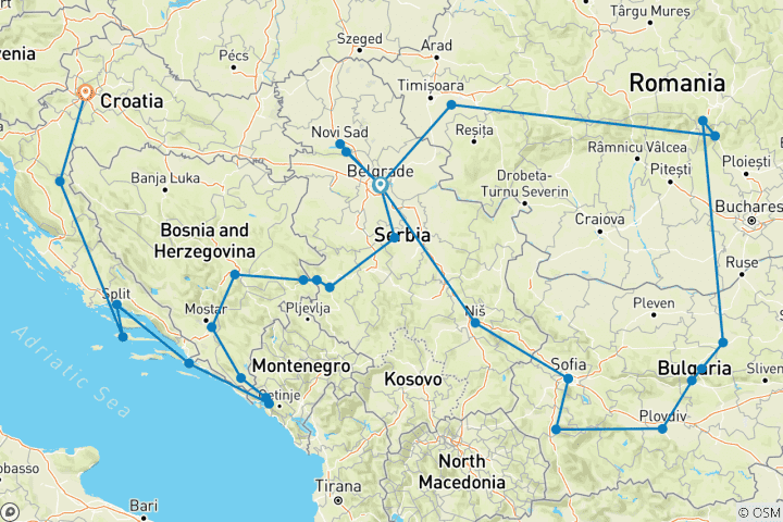 Map of Balkan Grand Circle 22 days