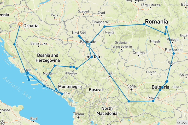 Map of Balkan Grand Circle 22 days