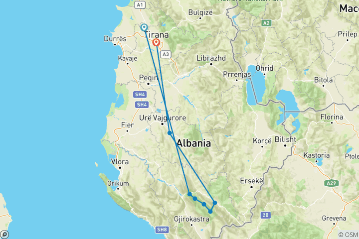 Mapa de Albania: trekking por el sur de Albania - 8 días