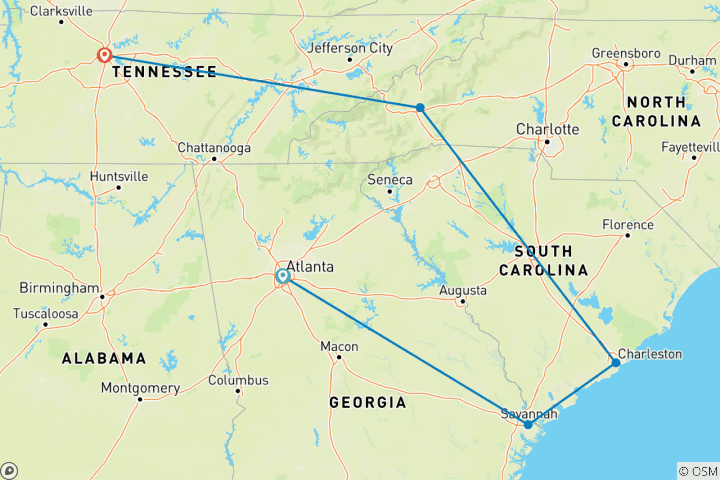 Carte du circuit La route de l'histoire de la Géorgie jusqu'à Nashville