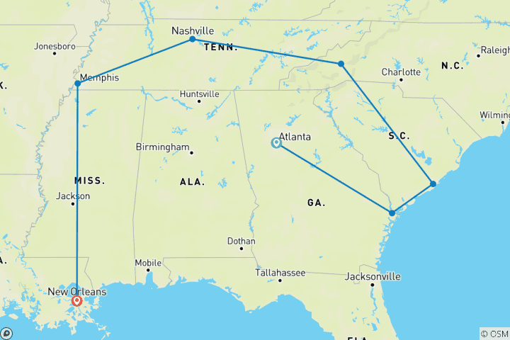 Carte du circuit Le meilleur du Sud : D'Atlanta à la Nouvelle-Orléans