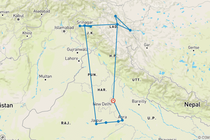 Map of Jewel of India: Golden Triangle, Kashmir & Ladakh Adventure