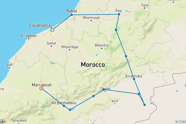 Carte du circuit 5 jours d'excursion dans le désert au départ de Casablanca