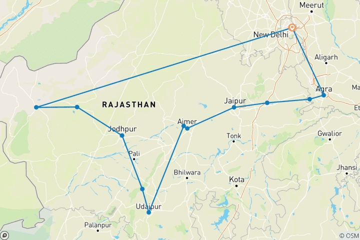 Carte du circuit La charmante Rajputana : Forts, palais, sables du désert et Taj Mahal