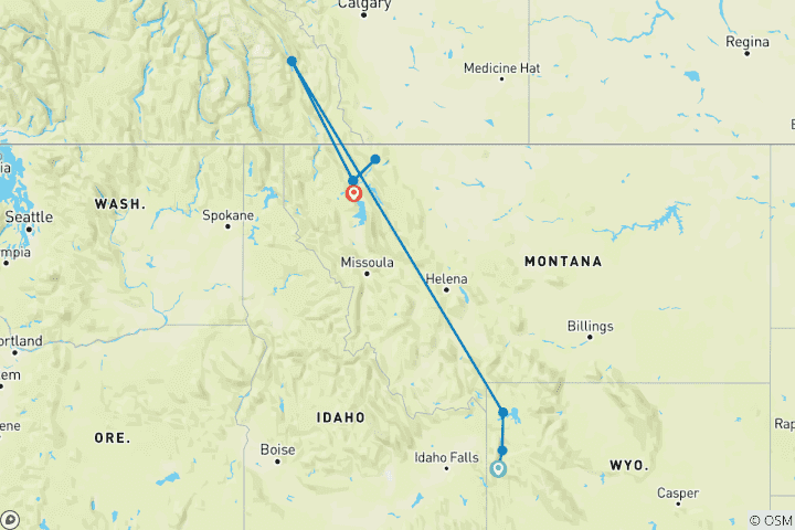 Carte du circuit Aventure à Yellowstone, Glacier et Grand Teton