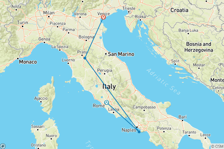 Map of Rome, Sorrento, Florence, Venice: essential (3* hotels) low carbon tour by train