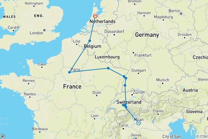 Map of Milan to Amsterdam Rail Tour