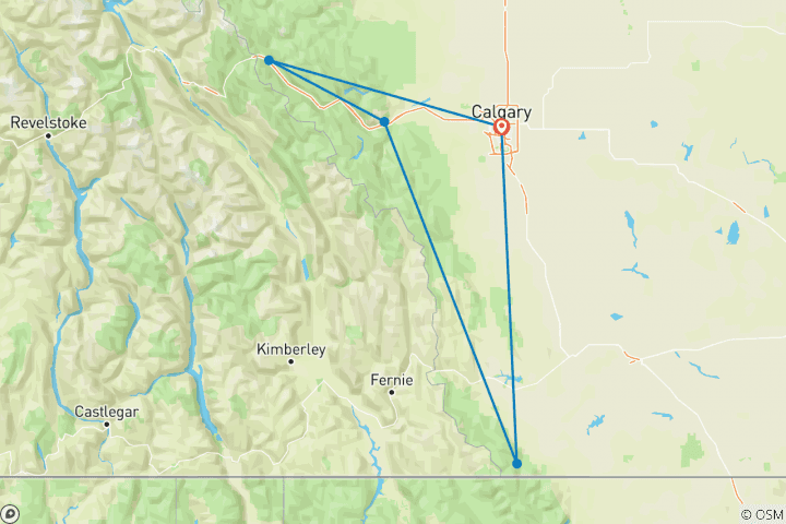 Carte du circuit Aventure active dans les Rocheuses canadiennes