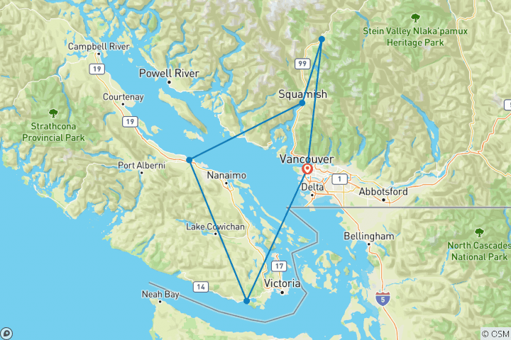 Carte du circuit Côte Ouest active Canada Découverte