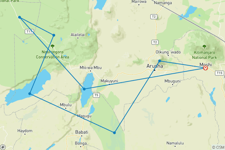 Carte du circuit 10 jours de safari au Serengeti pour la migration des gnous