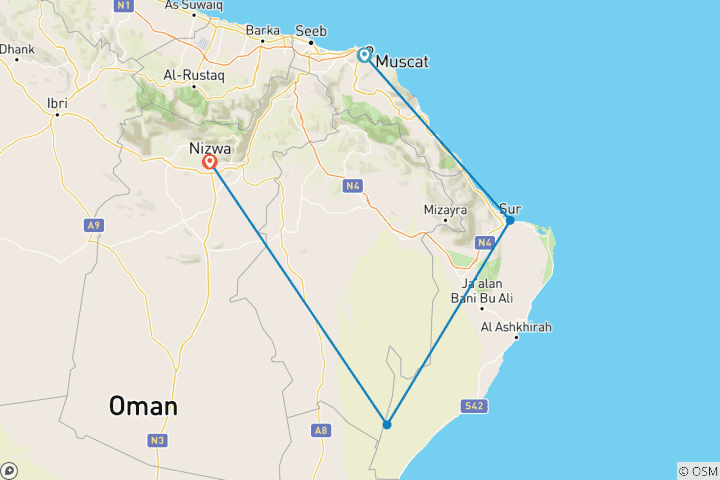 Map of The Oman Essentials Tour with Fully Live Escorted Tour in 4* Hotels - Full Board Plan