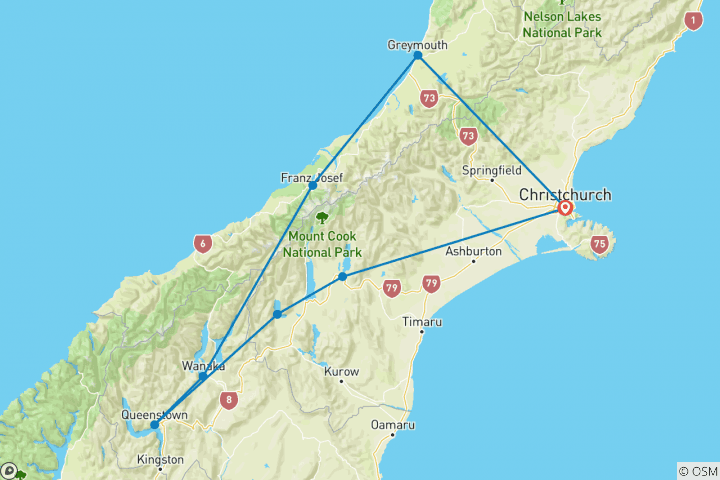 Carte du circuit Pionnier du Sud de la Nouvelle- Zélande (8 destinations)