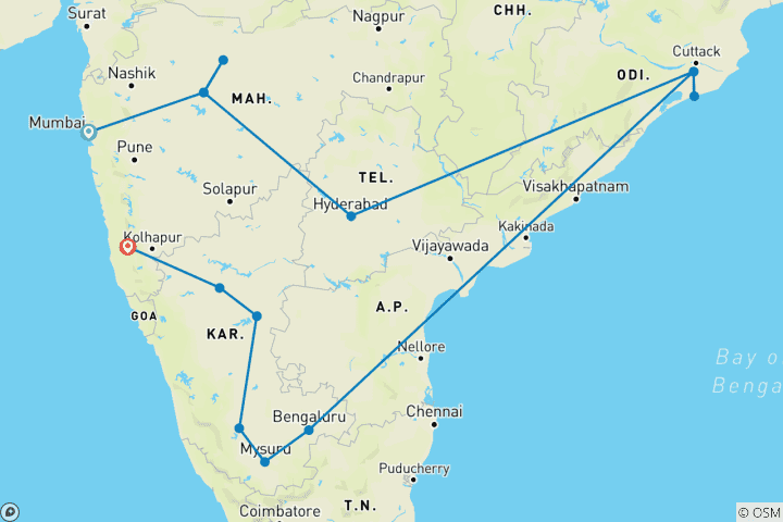 Carte du circuit Des monuments majestueux et des charmes côtiers : Un séjour pan-indien