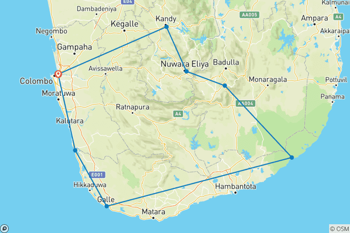 Kaart van 6-daagse standaard Sri Lanka tour