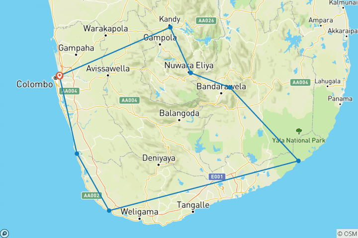 Map of 6-Days Standard Sri Lanka Tour