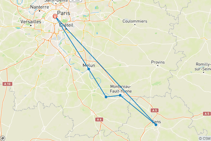 Carte du circuit Revisitez le passé de la France, ses sites royaux et ses villes médiévales au cours d'une croisière historique sur la Petite Seine (croisière de port à port).