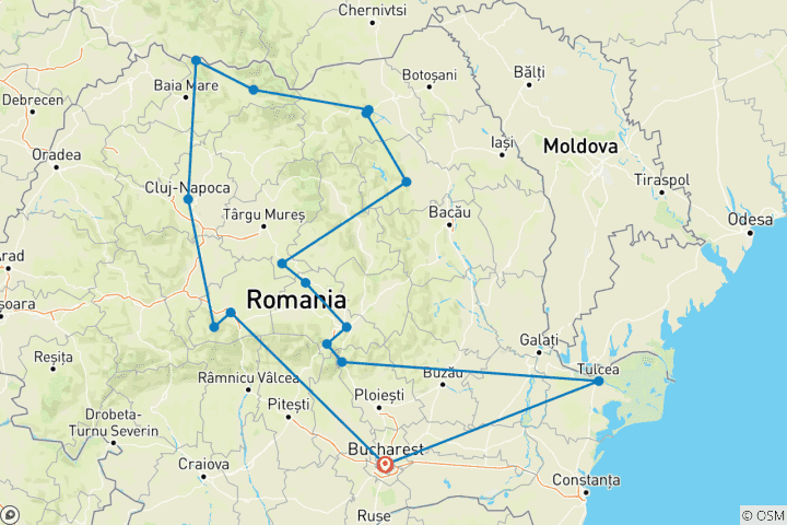 Kaart van Rondreis langs de UNESCO-sites van Roemenië - winnaar van het beste reisprogramma in 2023