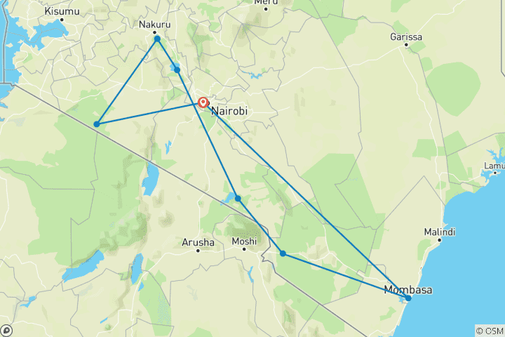 Carte du circuit 14 jours de safari au Kenya avec les Big Five et la plage