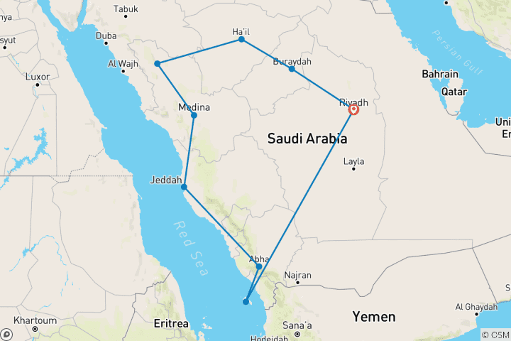 Map of Saudi Arabia 16 day Group Tour