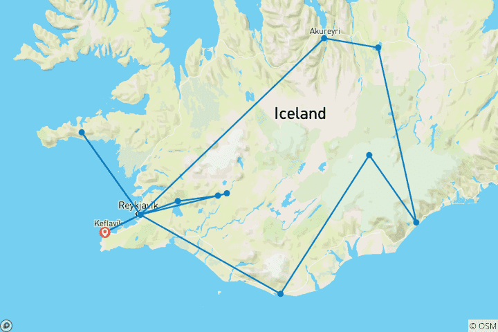 Carte du circuit ISLANDE EN 9 JOURS ET 8 Nuits - Autour de l'Islande et de la péninsule de Snæfellsnes - Transfert aéroport aller/retour (Circuit de groupe)