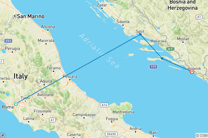 Mapa de La costa dálmata: Roma, Dubrovnik y Sueño Adriático