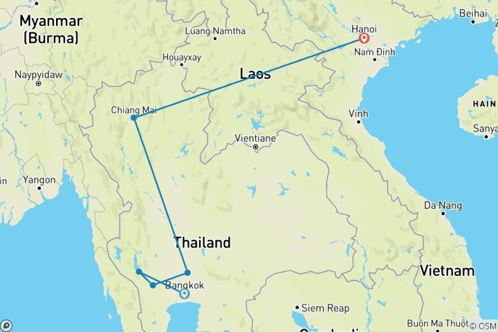 Karte von Von Bangkok nach Hanoi: Chiang Mai, Nachtmärkte und Bars am Straßenrand