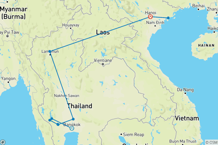 Carte du circuit De Bangkok à Hanoi : Chiang Mai, marchés de nuit et bars de rue