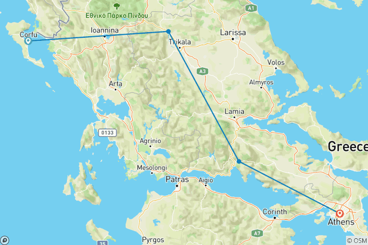 Carte du circuit Escapade en Grèce : Corfou, Athènes et les monastères du ciel