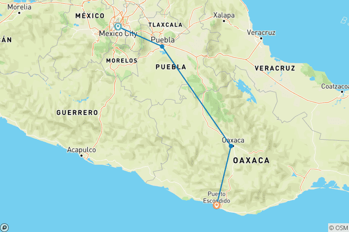 Carte du circuit Mexique central : Puerto Escondido, Mexico et des vues épiques sur les montagnes