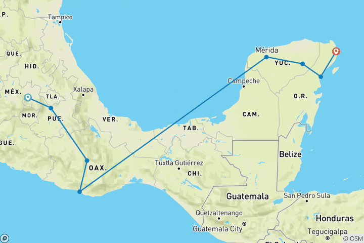 Carte du circuit Le plus du Mexique : Mexique central, Yucatan et Cancún