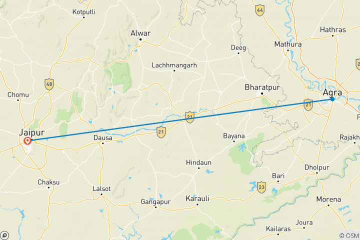 Carte du circuit Au départ de Jaipur : Visite privée le même jour du Taj Mahal et du Fort d'Agra