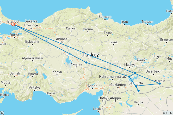 Karte von Kappadokien - Mt Nemrut - Gobeklitepe - Mardin Rundreise ab Istanbul (6 Tage)