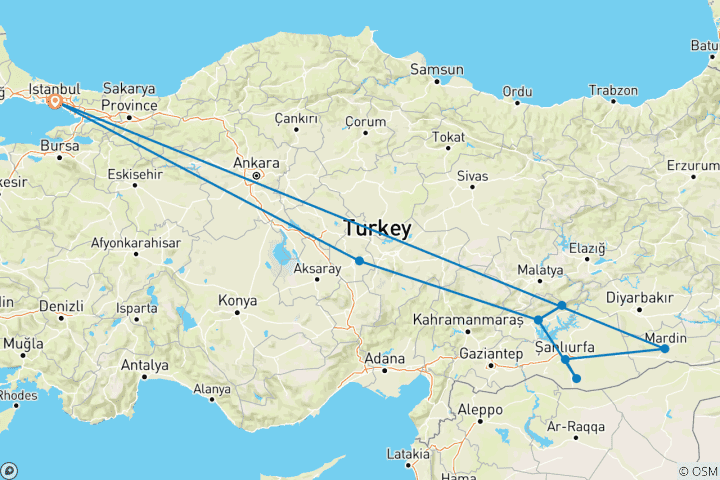 Kaart van 6-daagse Cappadocië - Mt Nemrut - Gobeklitepe - Mardin tour vanuit Istanbul