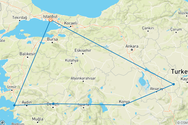 Carte du circuit Ephèse - Pamukkale - Cappadoce au départ d'Istanbul - 5 jours