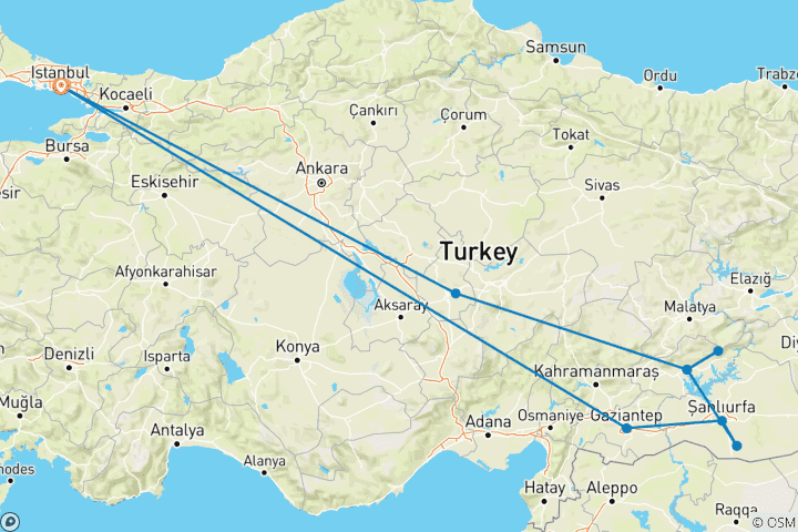 Map of 5 Days Cappadocia - Mt Nemrut - Gobeklitepe - Gaziantep Tour from Istanbul