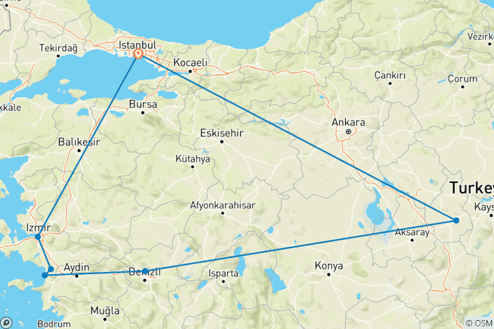 Mapa de Circuito de 5 días por el triángulo de Turquía: Éfeso - Pamukkale - Capadocia