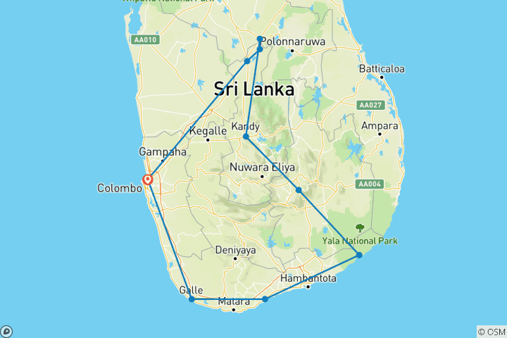 Map of Two Week Sri Lanka Holidays