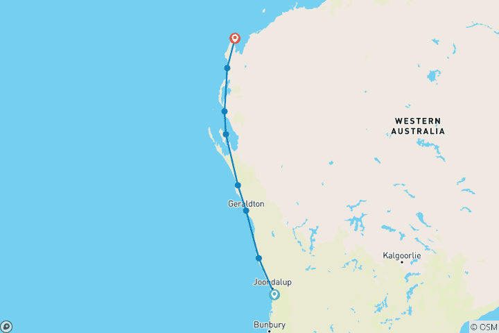 Carte du circuit Aventure de la côte ouest et du récif de Ningaloo - Northbound